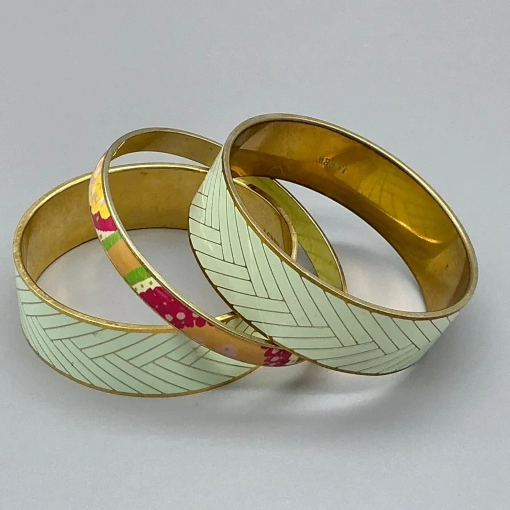 J.Crew Bangle Womens Gold Tone Enamel Mint Herringbone Floral Stackable 7 Inch